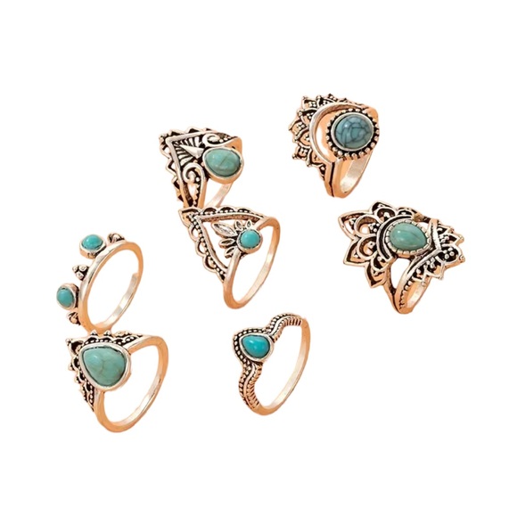 Antique Silver and Turquoise 8 Piece Ring Set - Picture 2 of 5